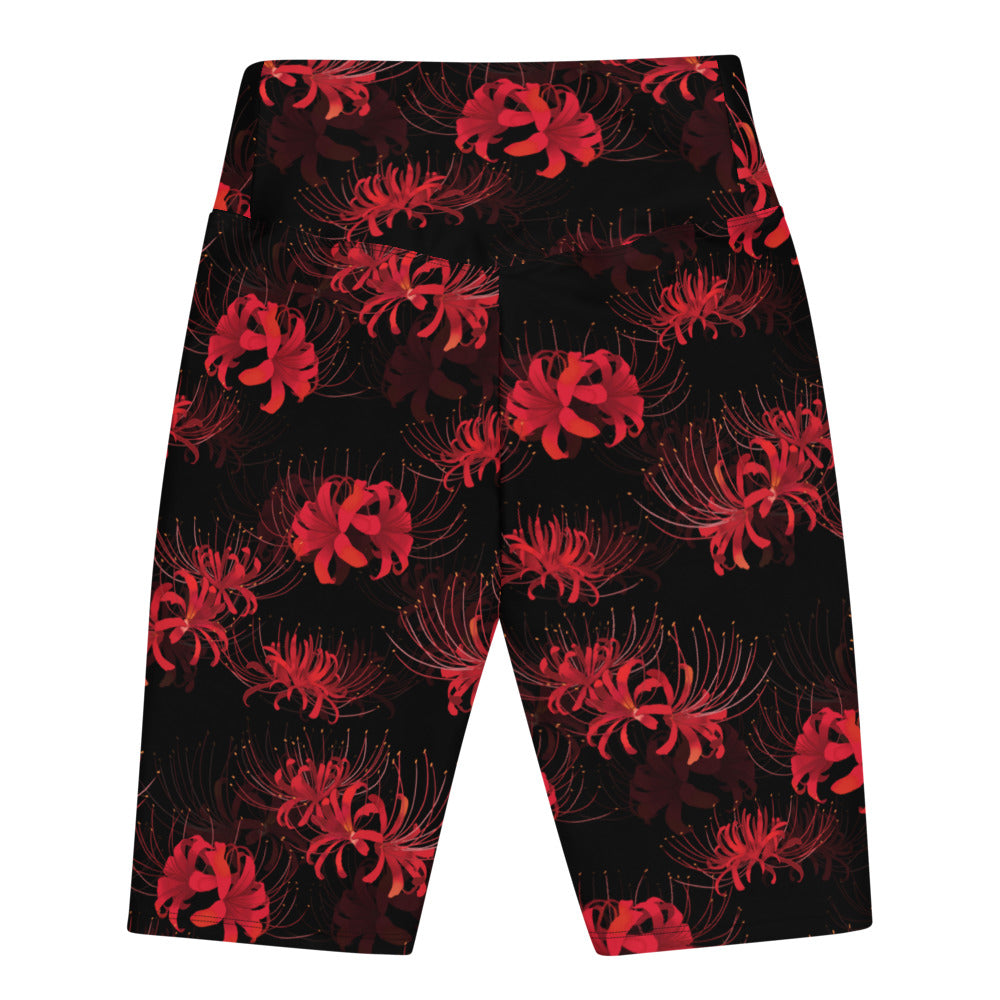 Higanbana Biker Shorts feature a vibrant spider lily design, perfect for a powerful, stylish look.