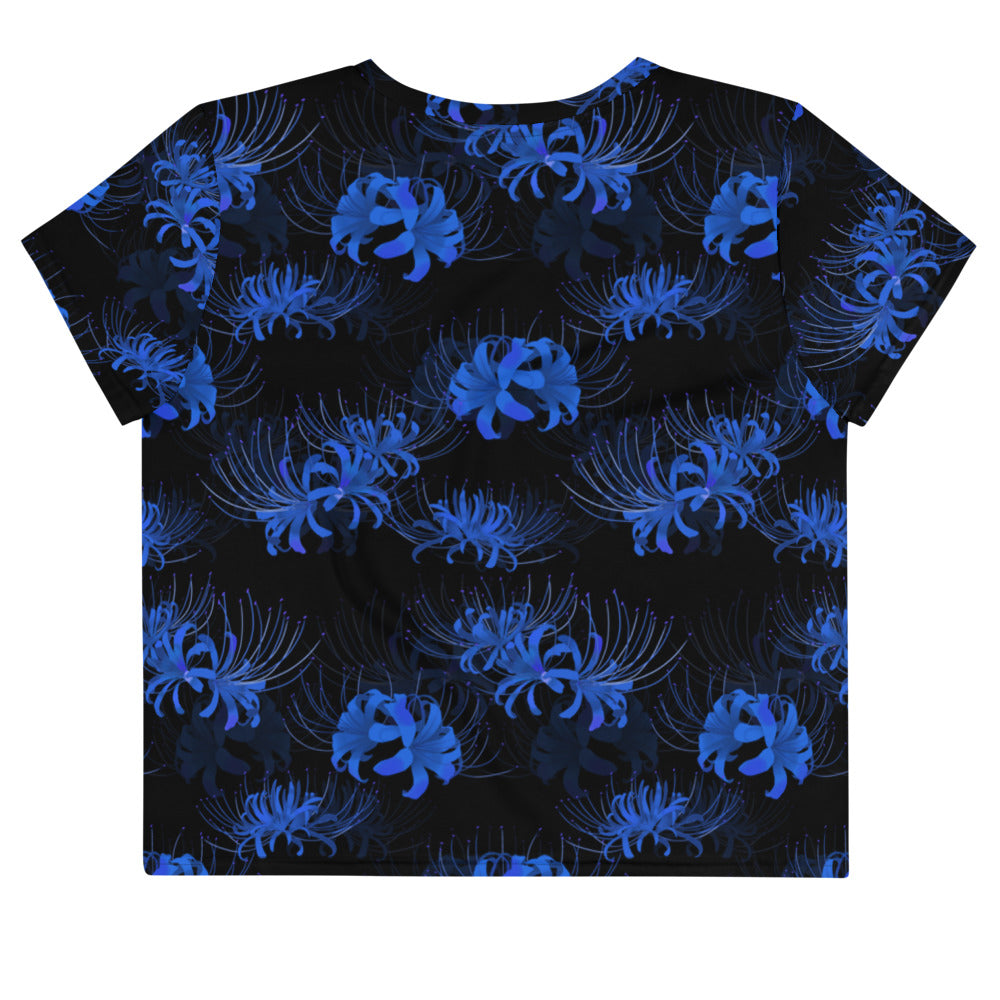 Stylish Higanbana Crop Top in blue with floral design, perfect for a feminine yet edgy look from gym to streets.