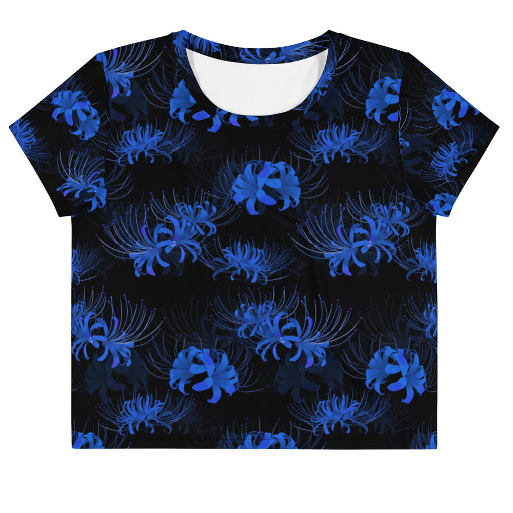 Stylish Higanbana Crop Top in blue, perfect for versatile outfits from gym to street. Made with premium fabric.