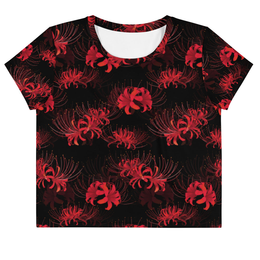 Stylish Higanbana Crop Top in red floral design, perfect for edgy streetwear or gym outfits. Versatile and trendy.
