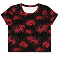 Stylish Higanbana Crop Top in red floral design, perfect for edgy streetwear or gym outfits. Versatile and trendy.