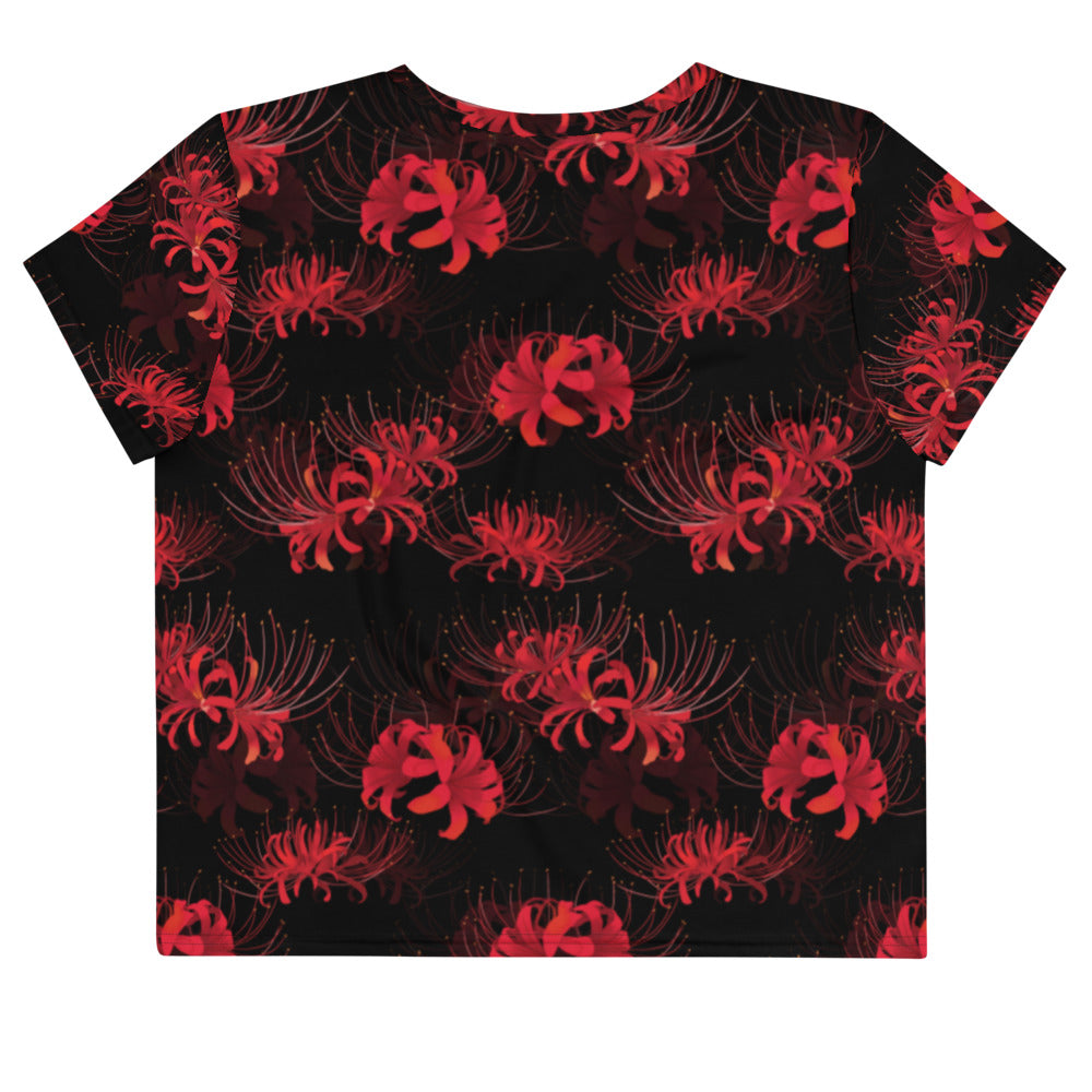 Stylish Higanbana Crop Top in red floral design, perfect for any outfit from gym to streets.