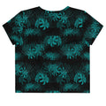Stylish Higanbana Crop Top featuring a vibrant teal floral design, perfect for versatile outfits.