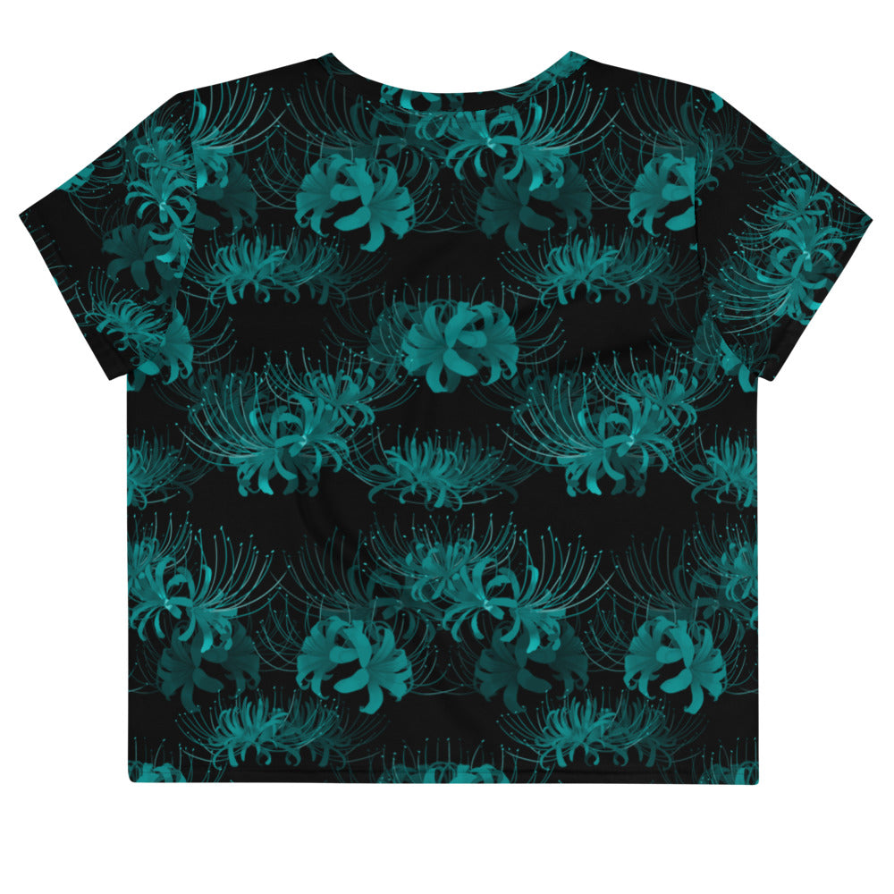 Stylish Higanbana Crop Top featuring a vibrant teal floral design, perfect for versatile outfits.