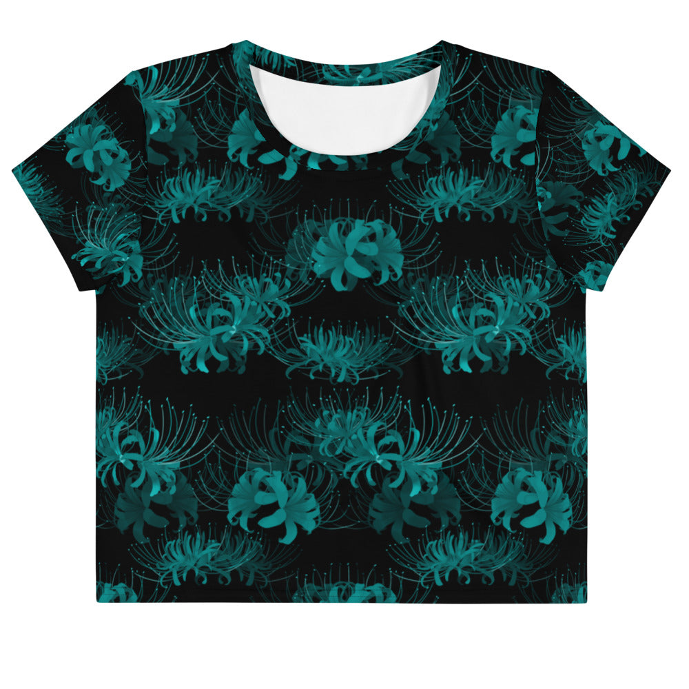 Stylish Higanbana Crop Top in teal, perfect for any outfit, from gym to streets, by your favorite brand.
