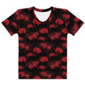 Elevate your style with the Higanbana T-shirt featuring elegant red floral designs on a black background.