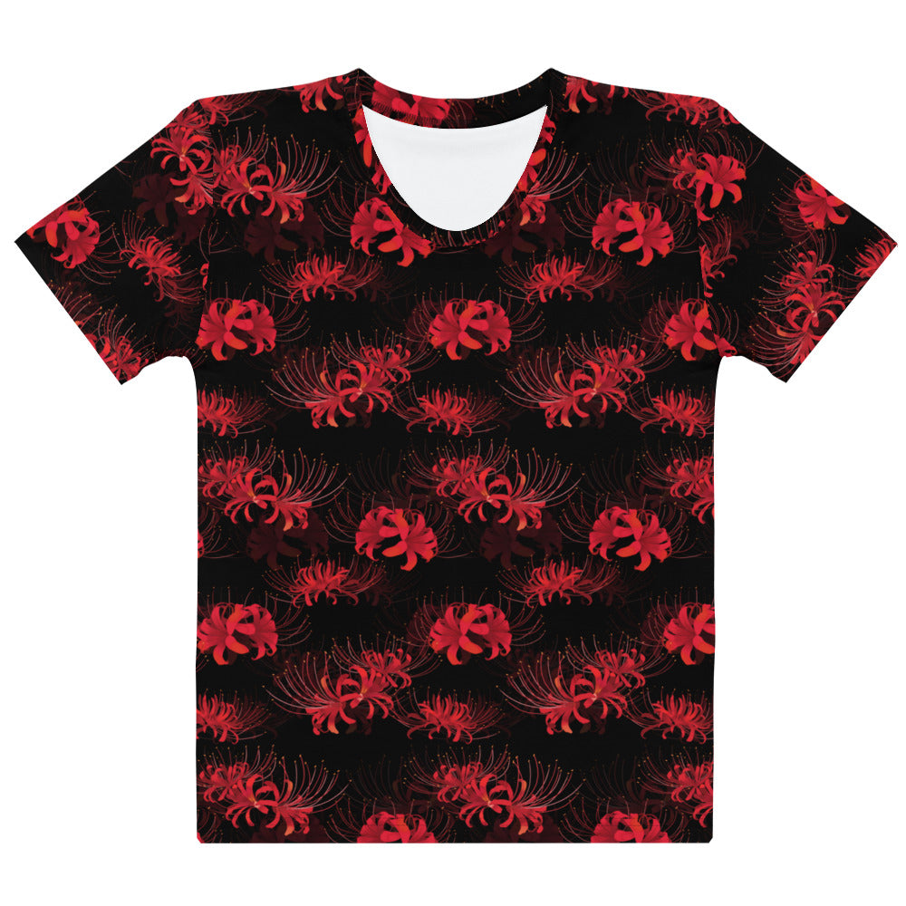 Elevate your style with the Higanbana T-shirt featuring elegant red floral designs on a black background.