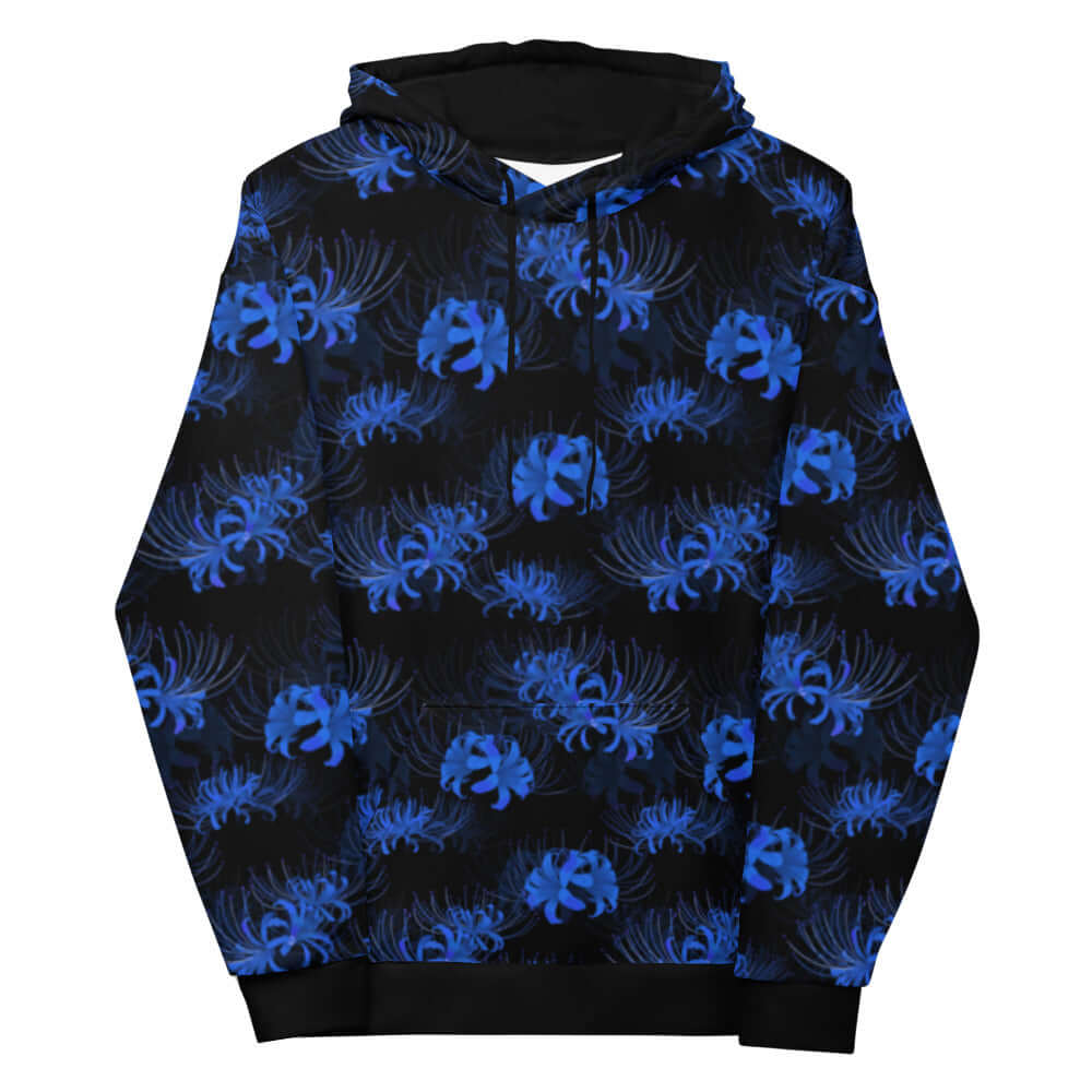 Higanbana Hoodie featuring striking blue spider lilies on a black background, perfect for a dark, mysterious style.