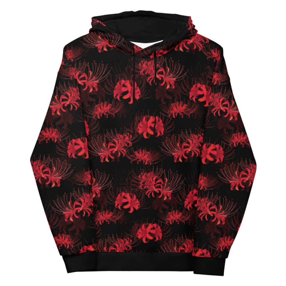 Stylish Higanbana Hoodie featuring vibrant red spider lilies, perfect for a dark, mysterious look. Ideal for any femme-fatale.