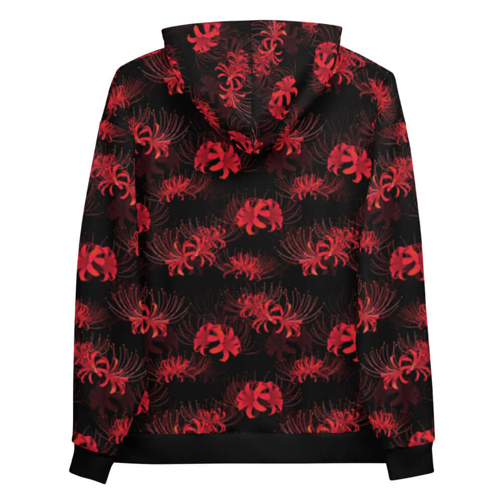 Higanbana Hoodie features a striking pattern of red spider lilies, perfect for a dark, mysterious style.