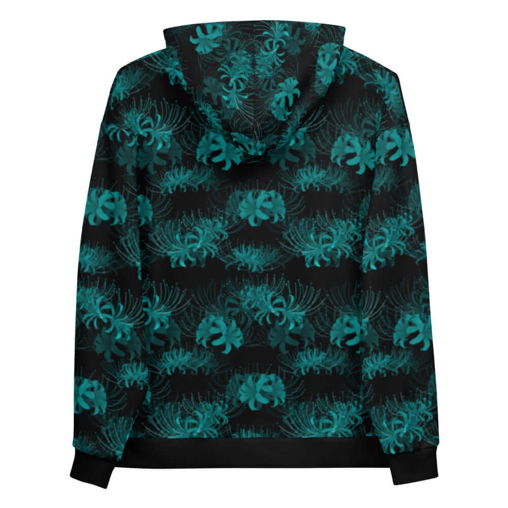 Stylish Higanbana Hoodie featuring teal blooming spider lilies on a black background, perfect for a mysterious vibe.