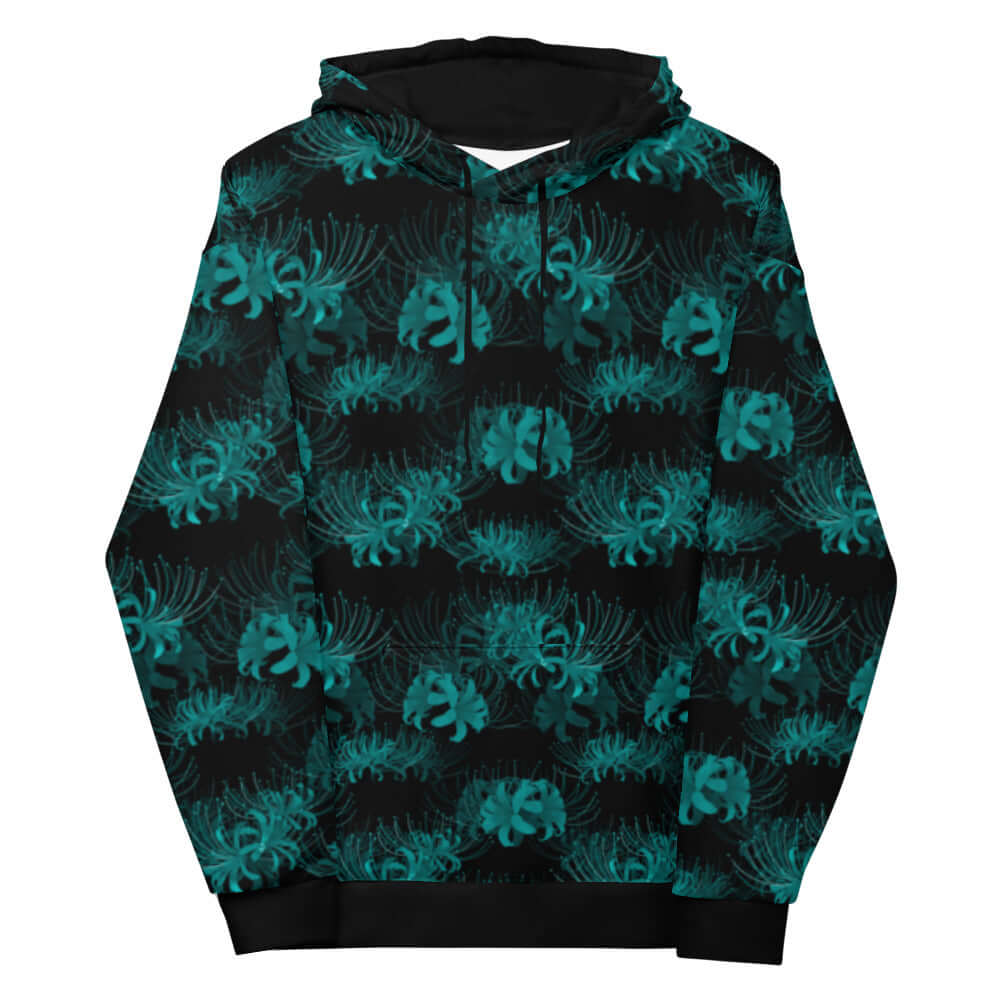 Stylish Higanbana Hoodie featuring blooming spider lilies in teal, perfect for a dark, mysterious look.