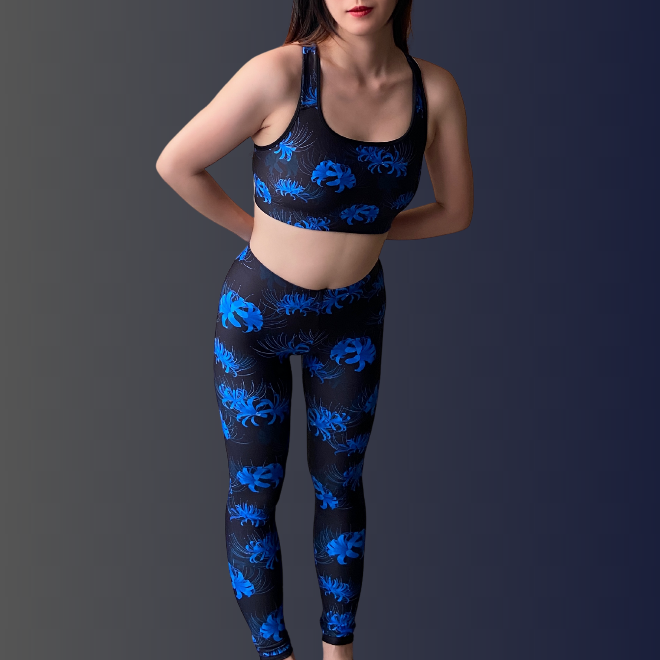 Stylish Higanbana Leggings in blue floral design, perfect for yoga and gym workouts. Versatile and comfortable fit.