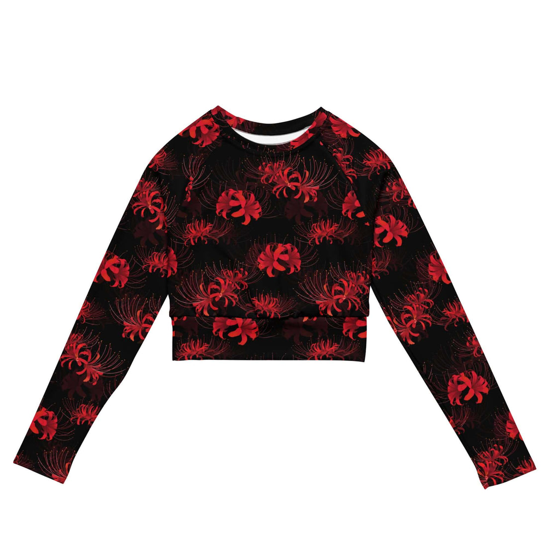 Stylish Higanbana Long-sleeved Crop Top in red and black, perfect for eco-friendly athleisure and sports.