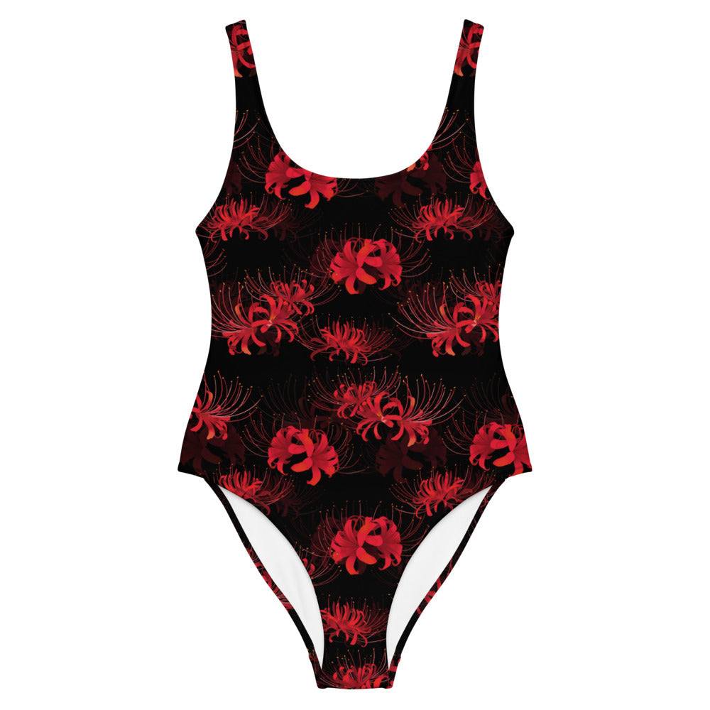 Higanbana One-Piece Swimsuit featuring a stunning floral design, perfect for a bold and mysterious summer look.