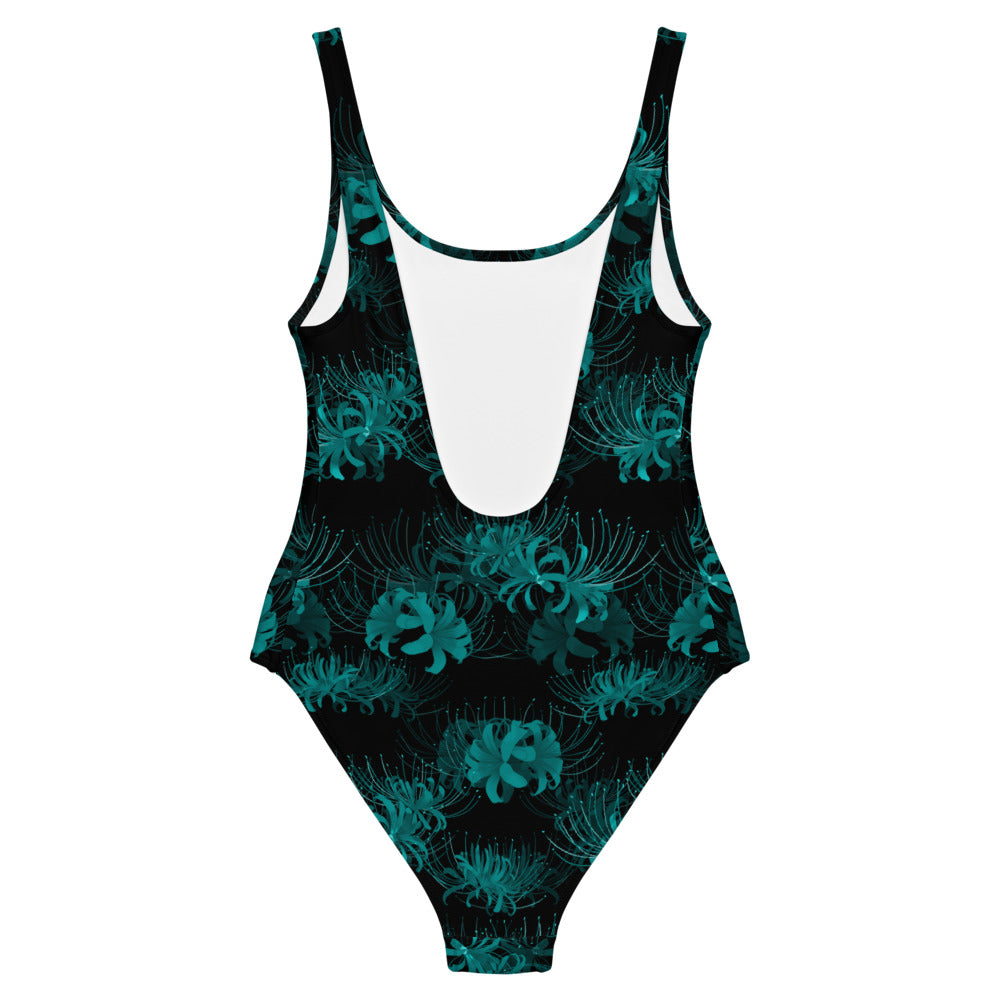 Stylishly flaunt your figure in the Higanbana One-Piece Swimsuit with its dark, floral design and flattering cut.