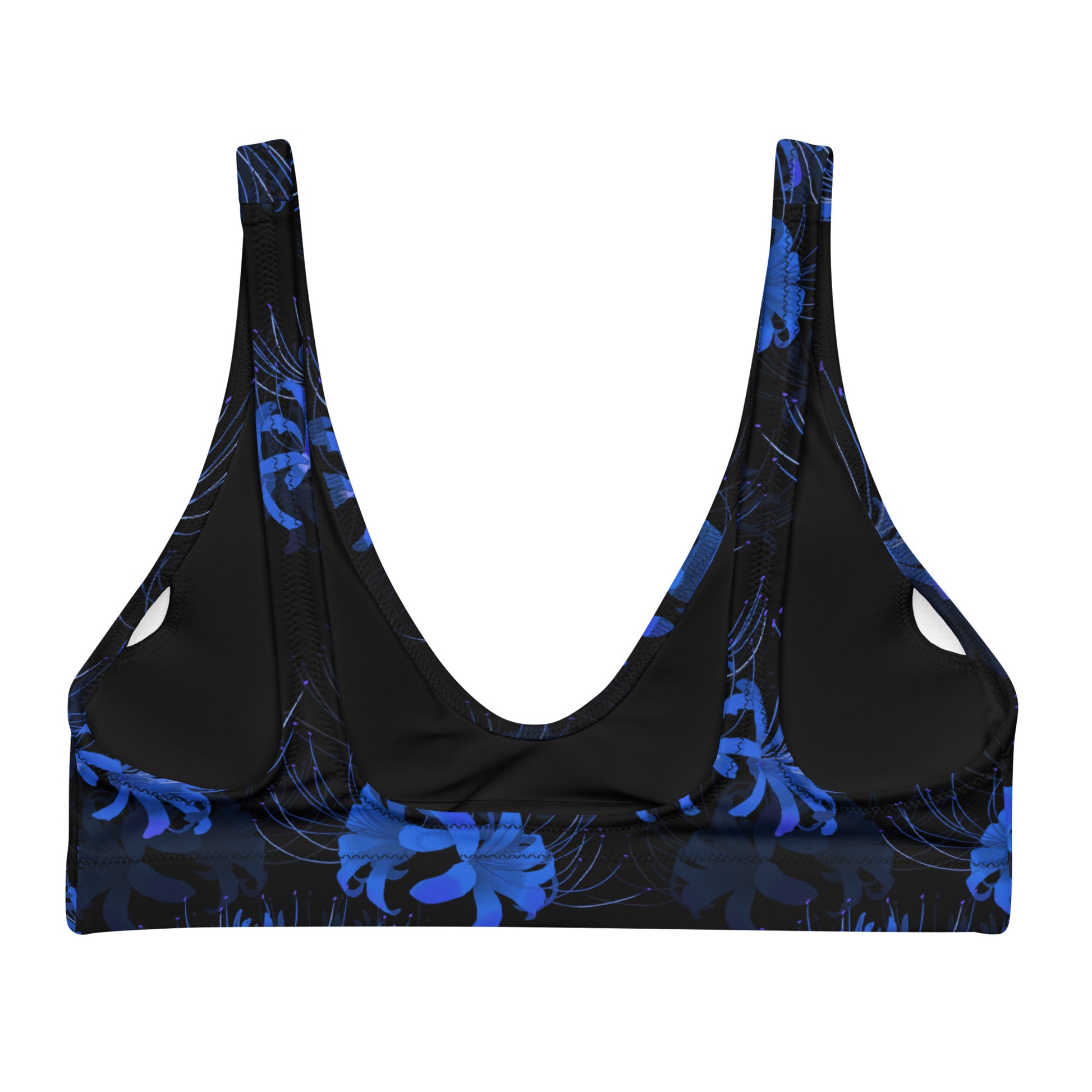 Stylish Higanbana Padded Bikini Top in blue, featuring a vibrant floral design and removable pads for comfort.