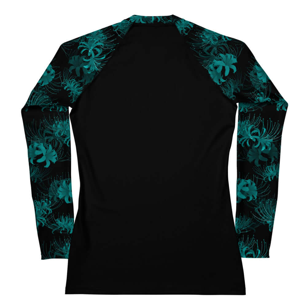 Higanbana Rash Guard features a sleek design with vibrant floral sleeves, perfect for active outdoor adventures.