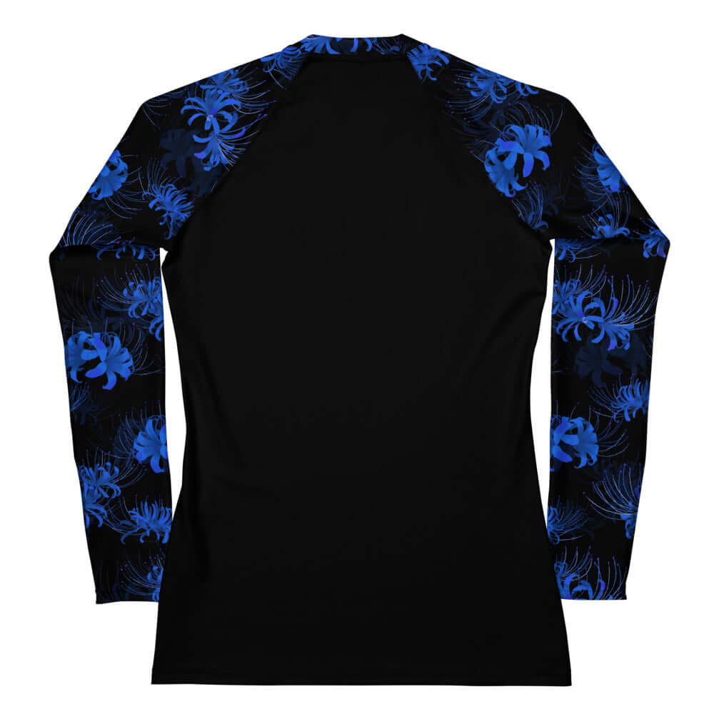 Versatile Higanbana Rash Guard features a stylish blue floral design, perfect for active outdoor sports.