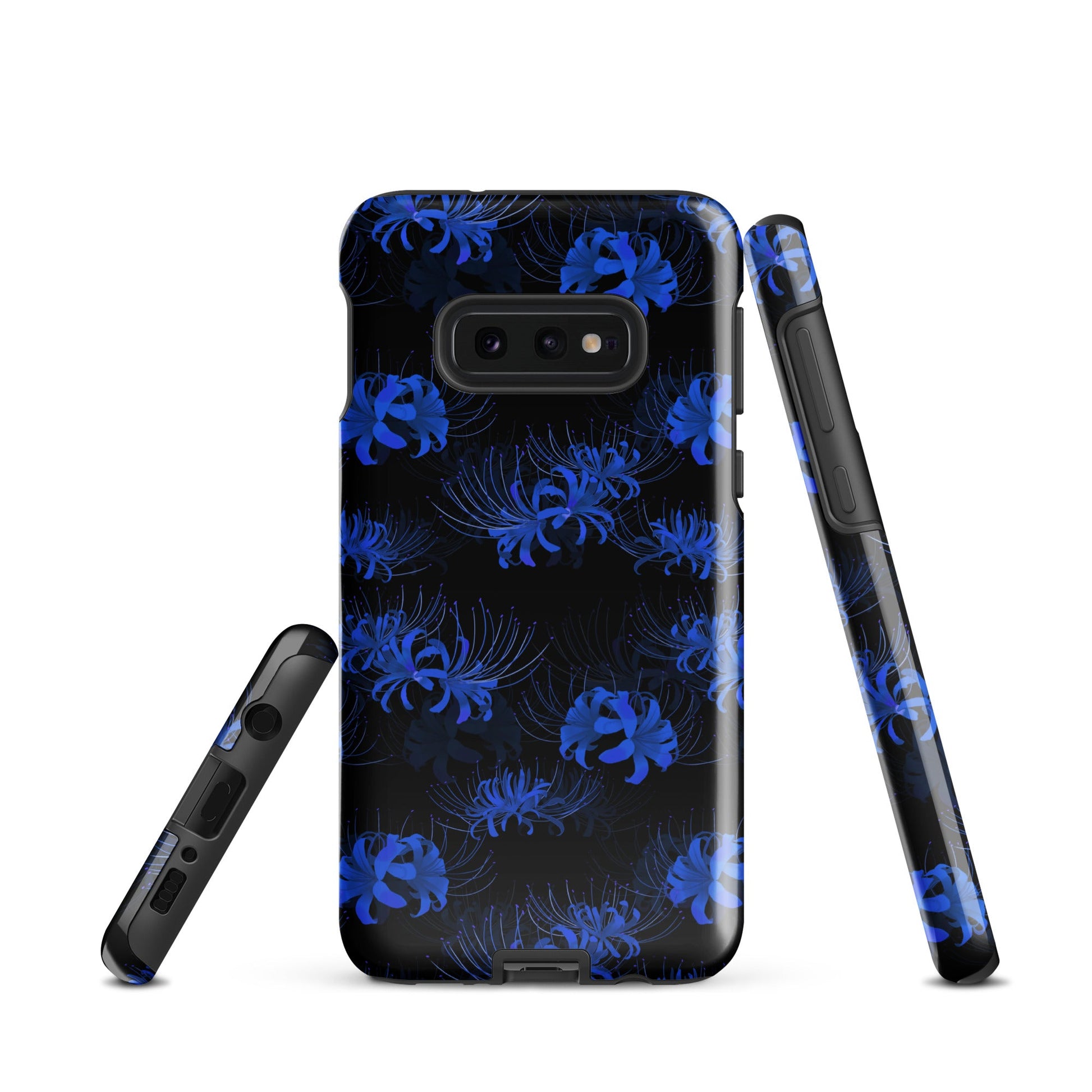 Higanbana Samsung® Tough Case features a sleek design with blue floral patterns, providing impact resistance and durability.