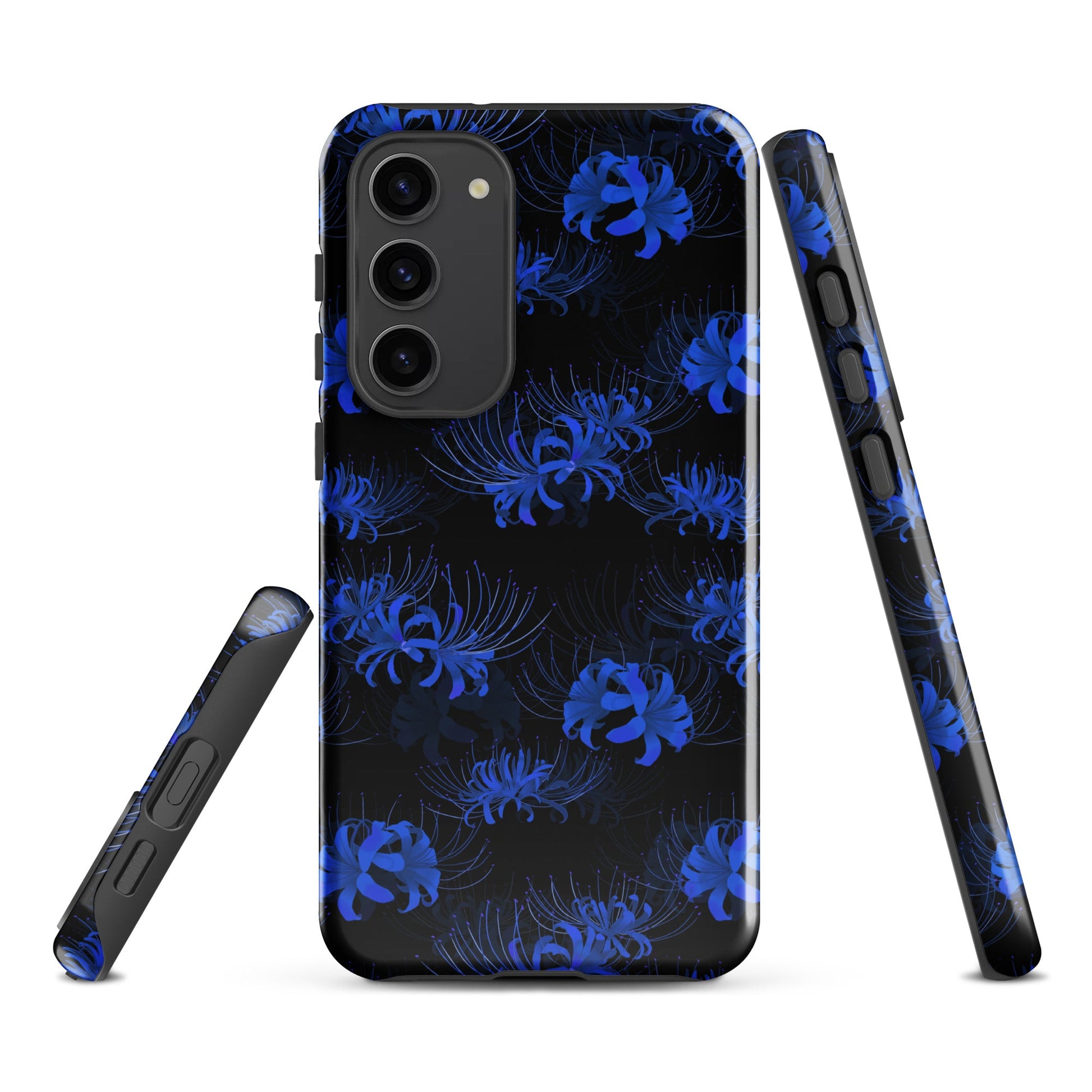 Stylish Higanbana Samsung® Tough Case featuring blue floral design, offering durable protection for your phone.