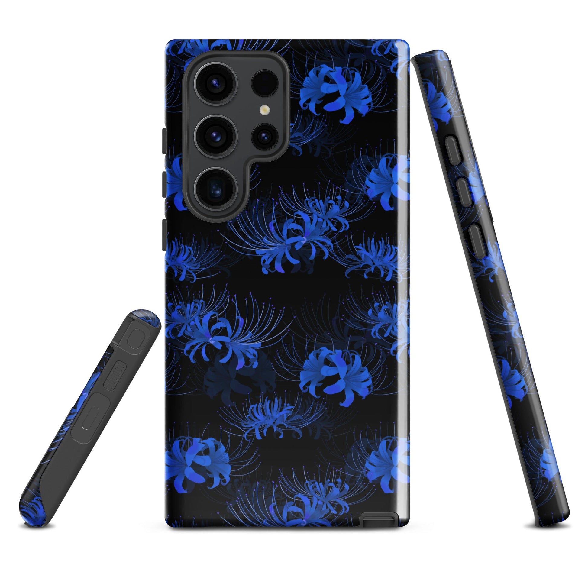 Stylish Higanbana Samsung® Tough Case featuring a blue floral design for durable phone protection and impact resistance.