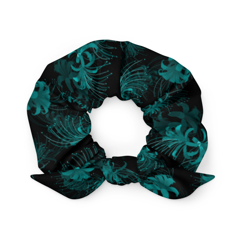 Stylish Higanbana Scrunchie featuring a black floral design, perfect for adding flair to any outfit.