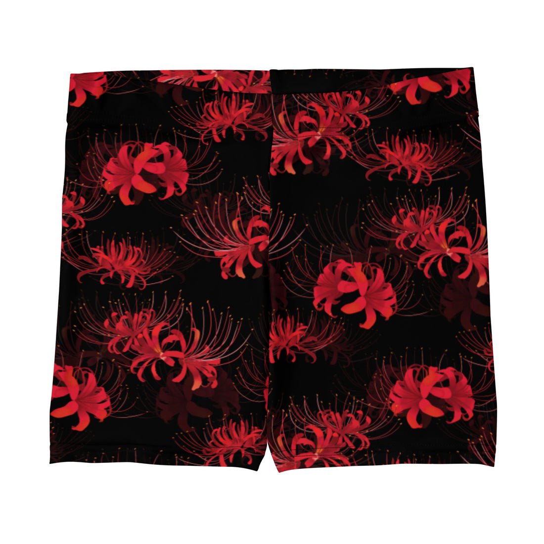 Higanbana Shorts feature vibrant red spider lilies on a black background, perfect for making a bold statement.