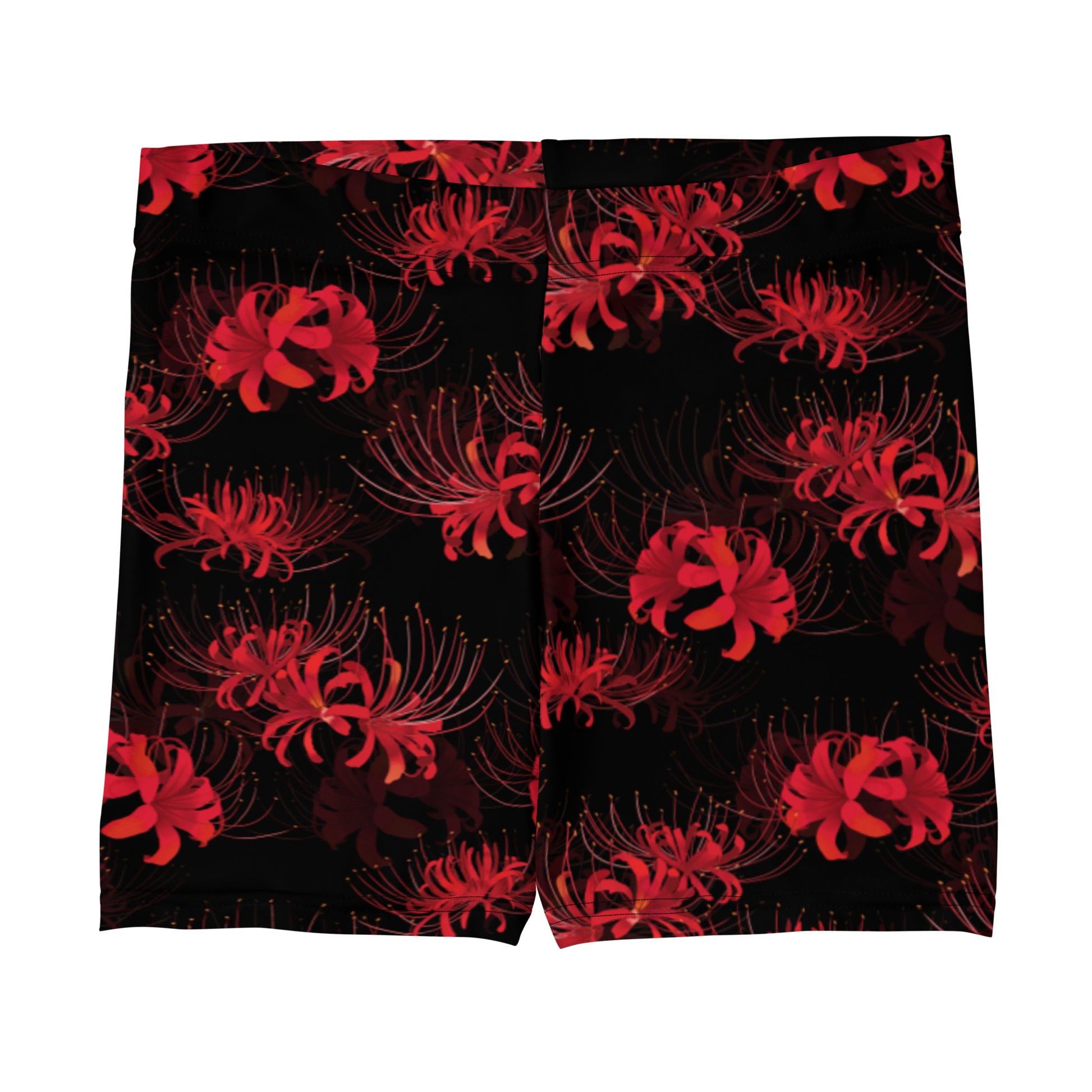 Higanbana Shorts feature vibrant red spider lilies on a black background, perfect for making a bold statement.