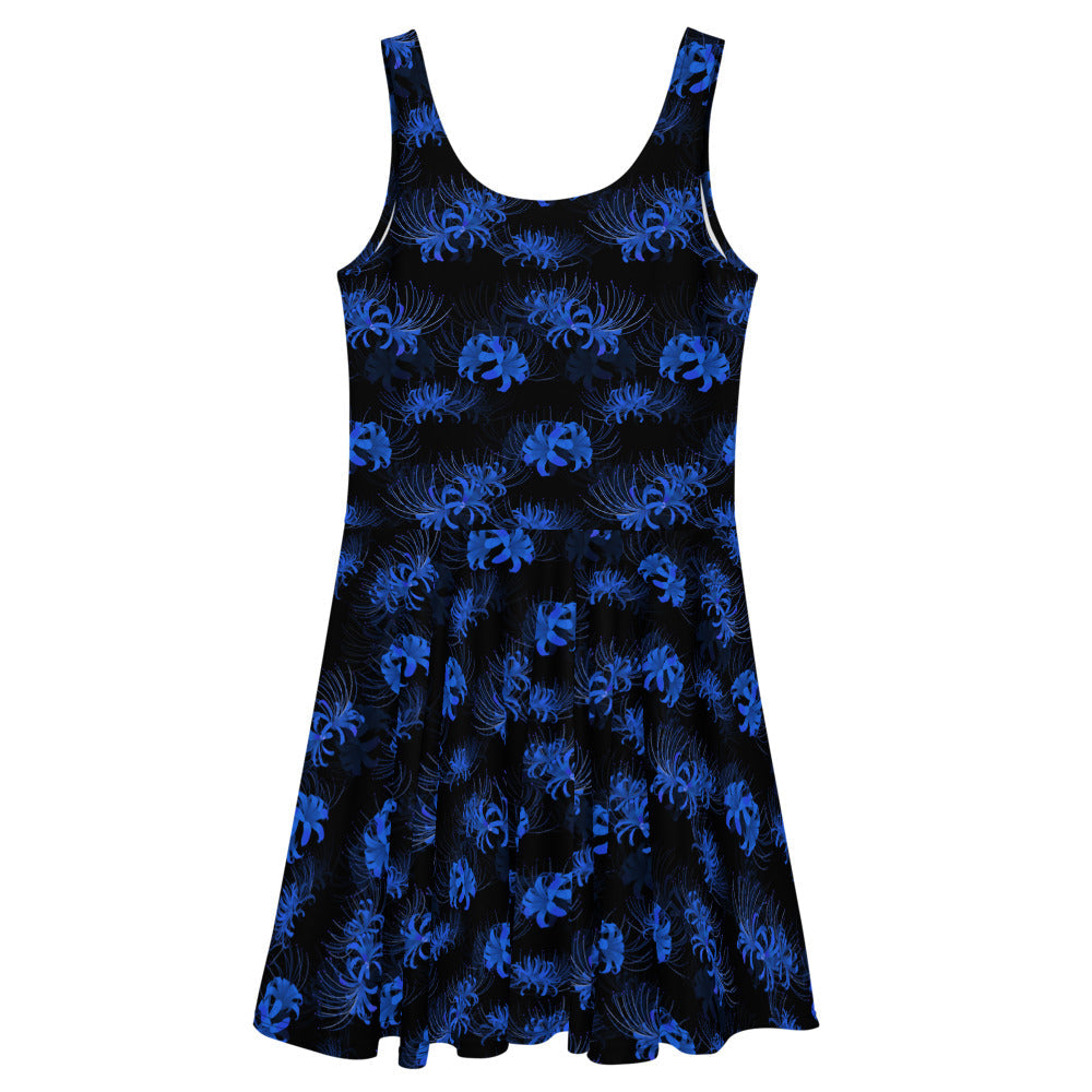 Higanbana Skater Dress in blue features a flared skirt and intricate design, perfect for a feminine yet edgy look.