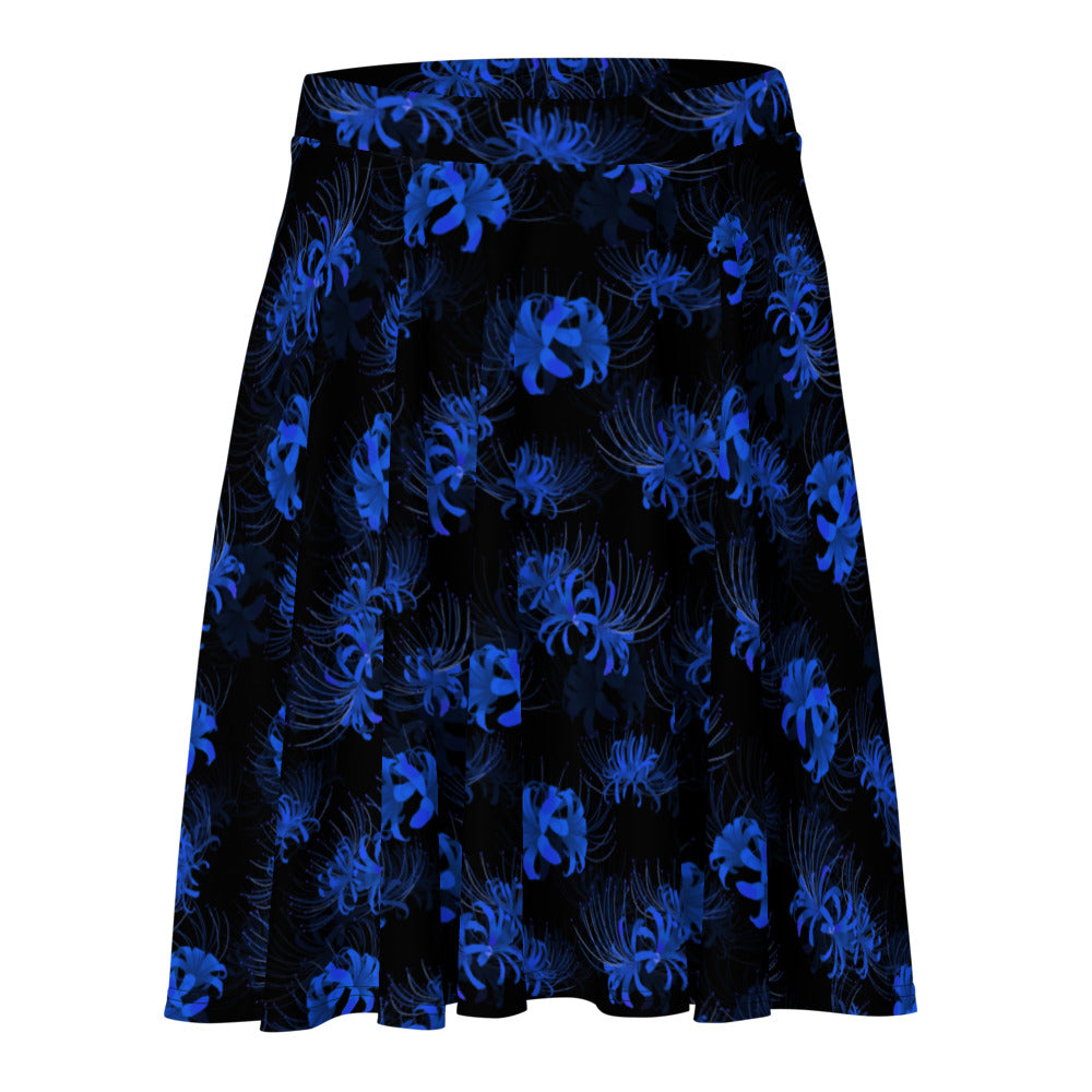 Higanbana Skater Skirt in blue features a flattering silhouette, perfect for any edgy outfit. Stylish and versatile.