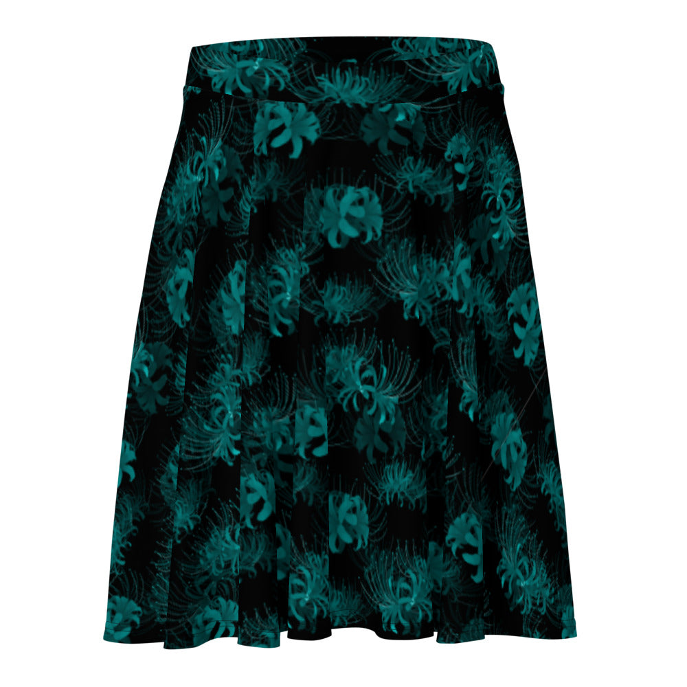 Stylish Higanbana Skater Skirt in teal, perfect for a feminine yet edgy look, versatile for any outfit.
