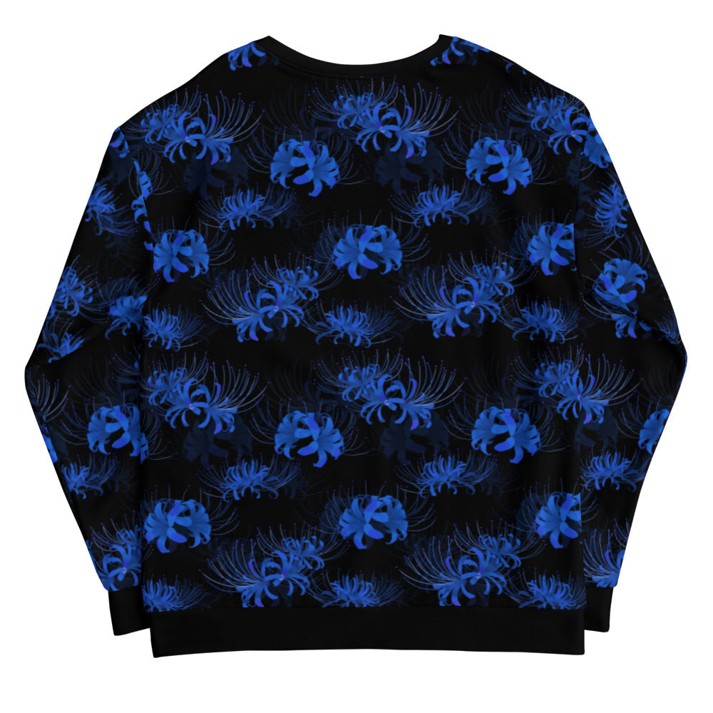 Stylish Higanbana Sweatshirt in blue floral design, perfect for any outfit from gym to street.