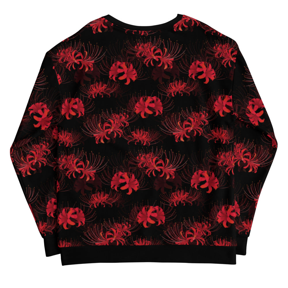 Higanbana Sweatshirt features a striking red floral design, perfect for adding an edgy touch to any outfit.