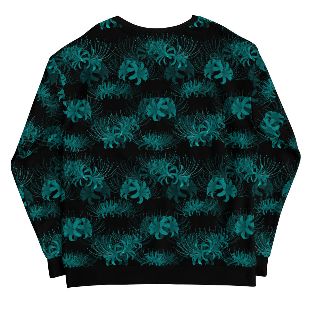 Stylish Higanbana Sweatshirt in teal featuring floral design, perfect for any casual outfit or gym wear.