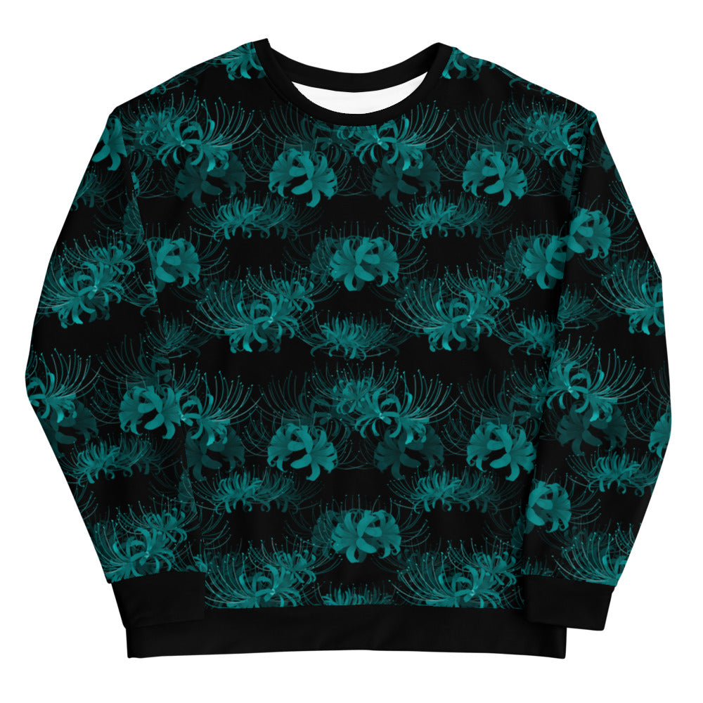Stylish Higanbana Sweatshirt in teal features a unique floral design, perfect for any casual outfit.