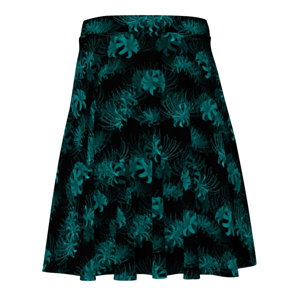 Elegant teal Higanbana Skater Skirt with floral design, perfect for a feminine yet edgy outfit. Ideal for any occasion.
