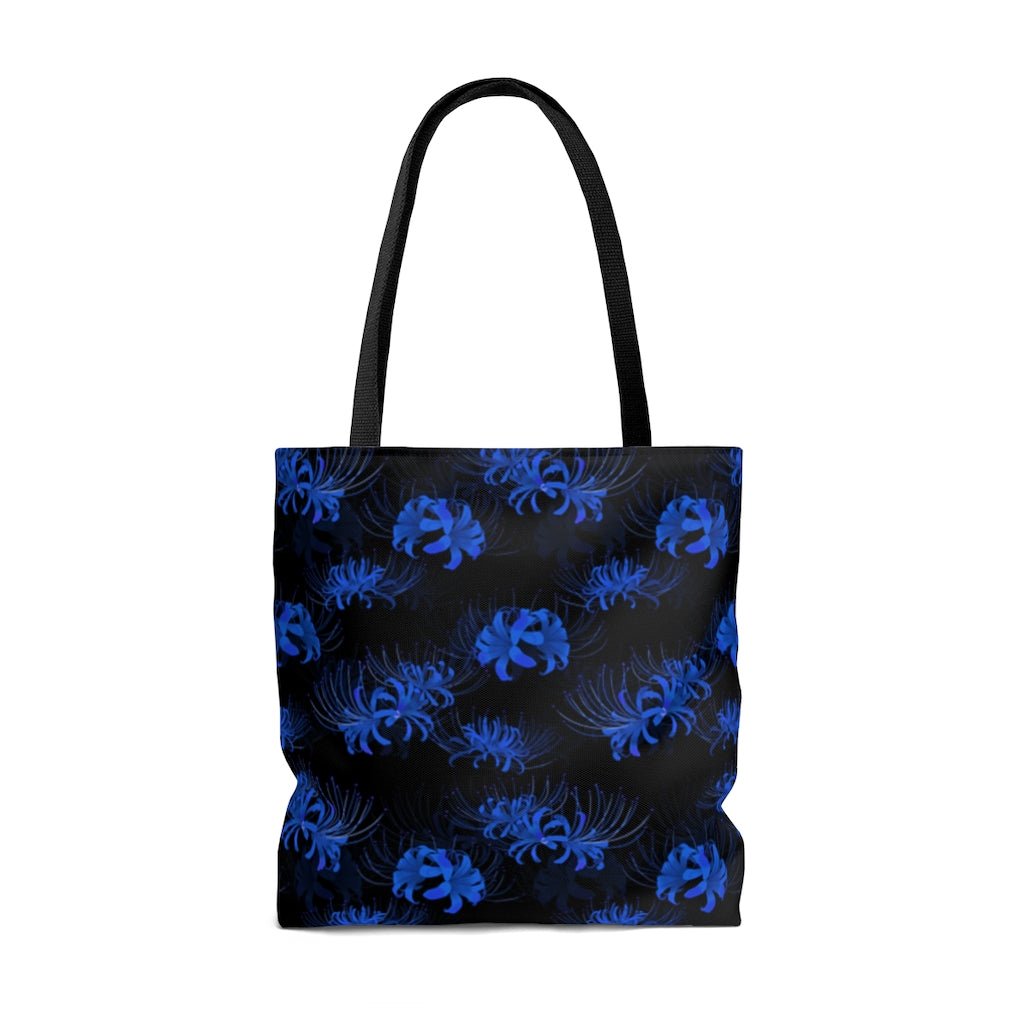 Stylish Higanbana Tote Bag (Blue) featuring a unique Spider Lily print, perfect for any outing or gym session.