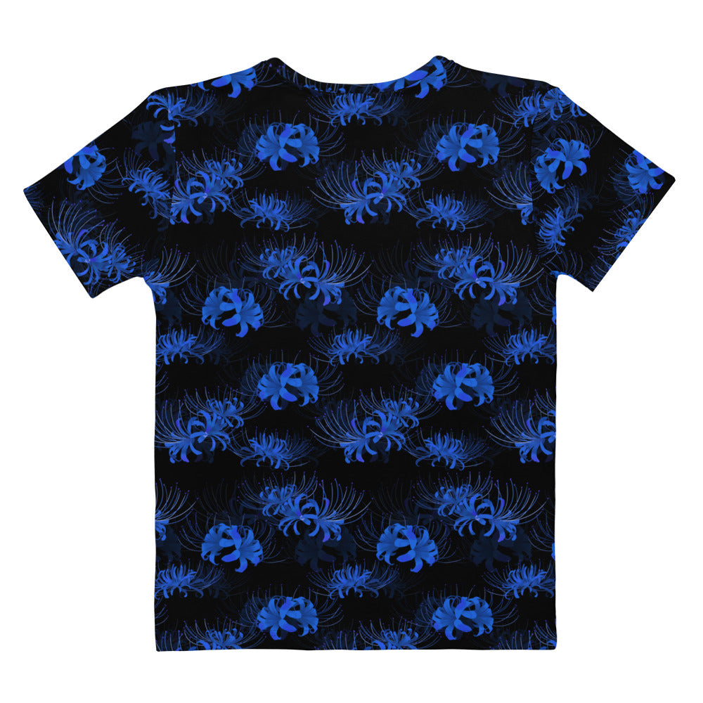 Stylish Higanbana T-shirt with a vibrant blue floral pattern, perfect for any occasion.