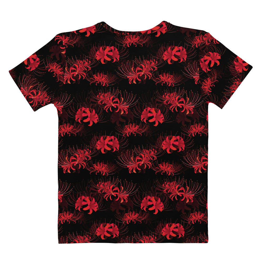 Elevate your style with the Higanbana T-shirt, featuring an elegant red floral design on a sleek black background.