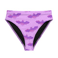Morrigan-inspired High-waisted Aensland Bikini Bottom in purple bat print, perfect for beach adventures.