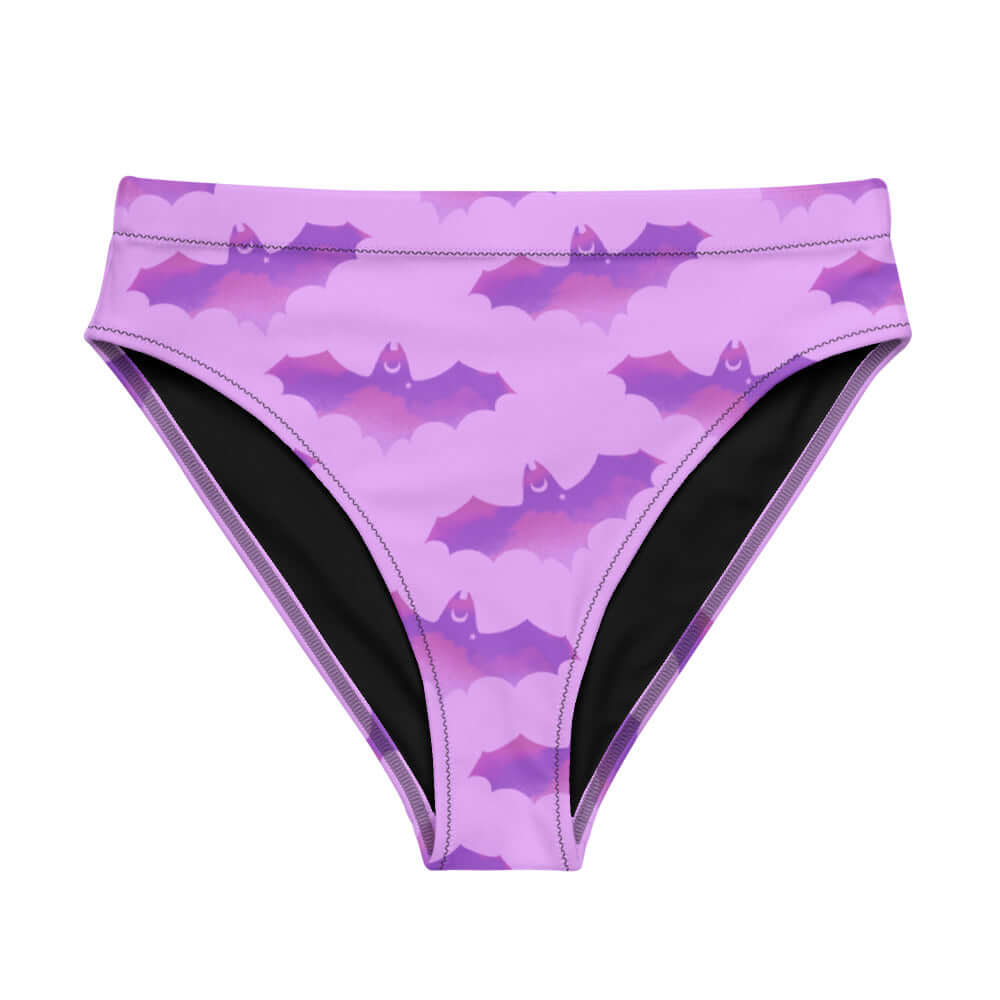 Morrigan-inspired High-waisted Aensland Bikini Bottom in purple bat print, perfect for beach adventures.