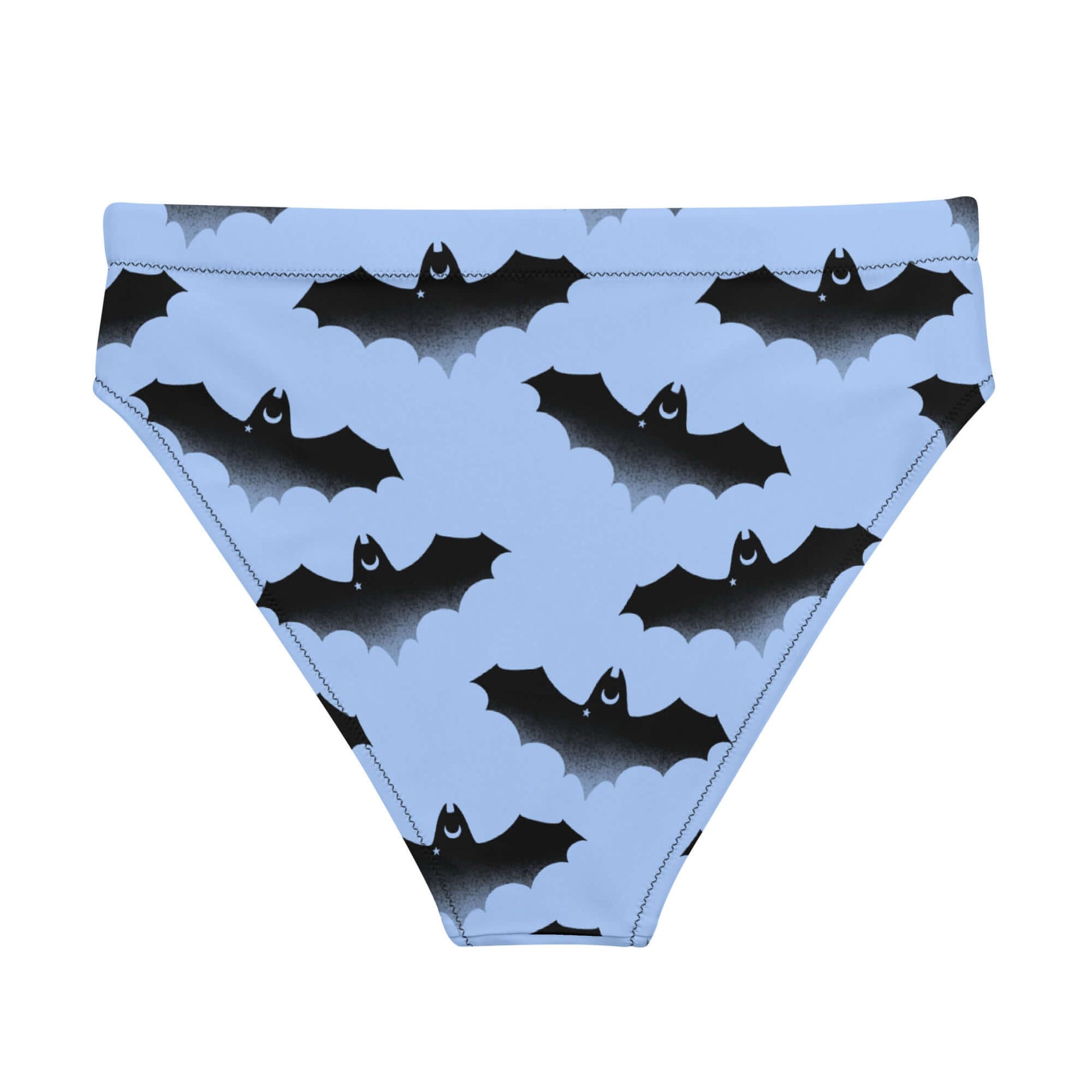 High-waisted Lilith Bikini Bottom features a stylish bat print, perfect for beach adventures and comfort.