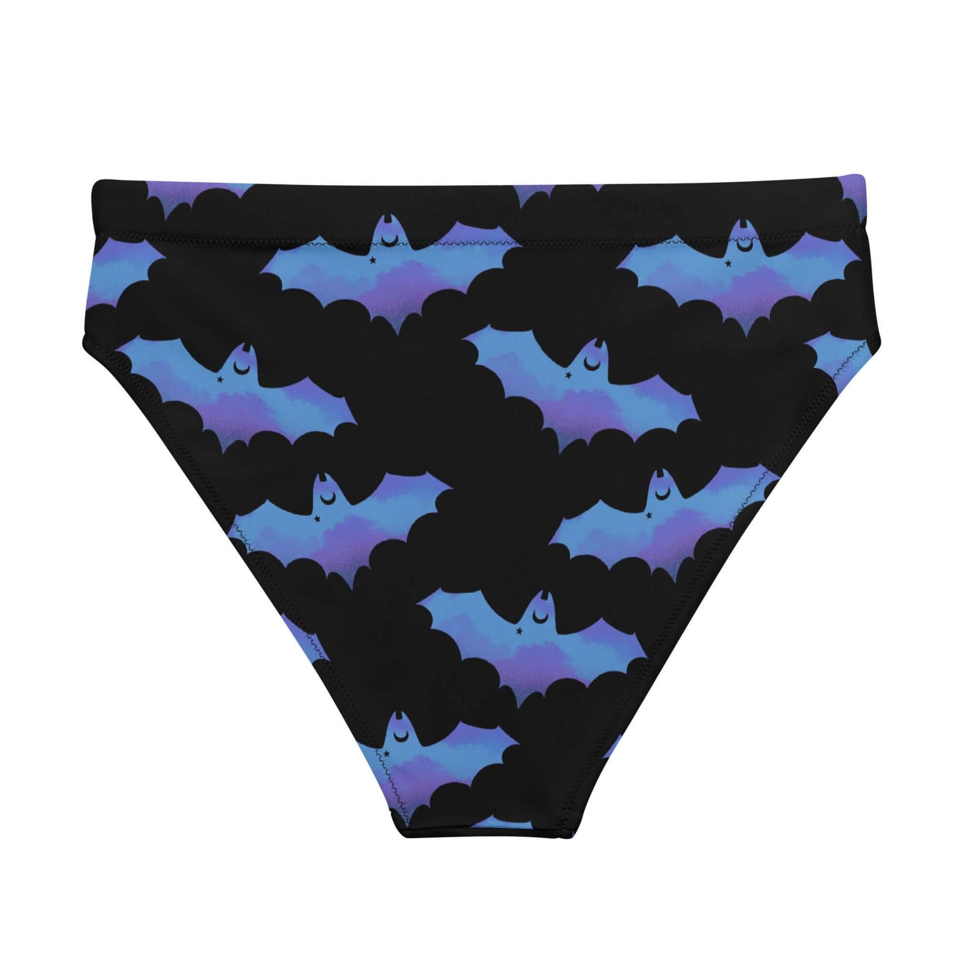 High-waisted Lilith Bikini Bottom featuring a bat pattern, perfect for beach adventures and stylish comfort.