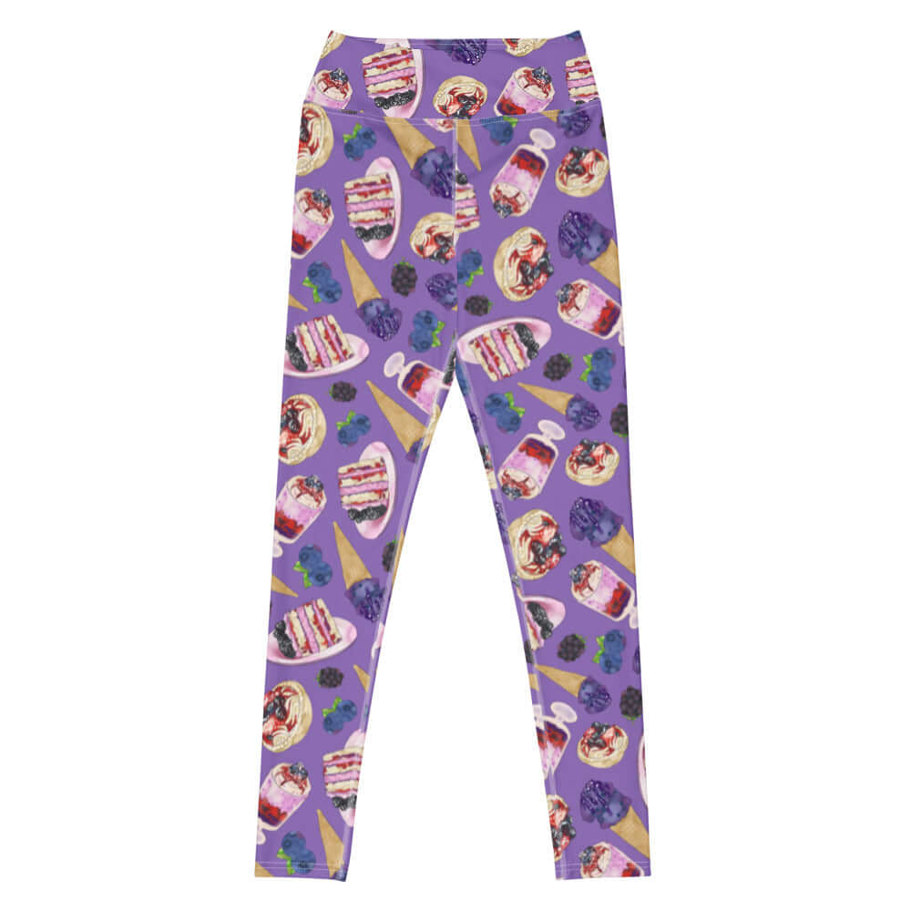 High-waisted Berry Leggings feature a vibrant pattern, offering comfort and stretch for your yoga sessions.