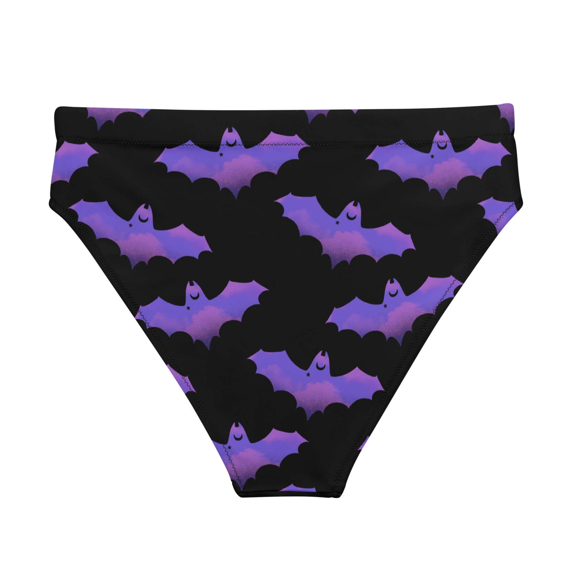 Stylish High-waisted Morrigan Bikini Bottom featuring a bat pattern, perfect for beach adventures and comfort.