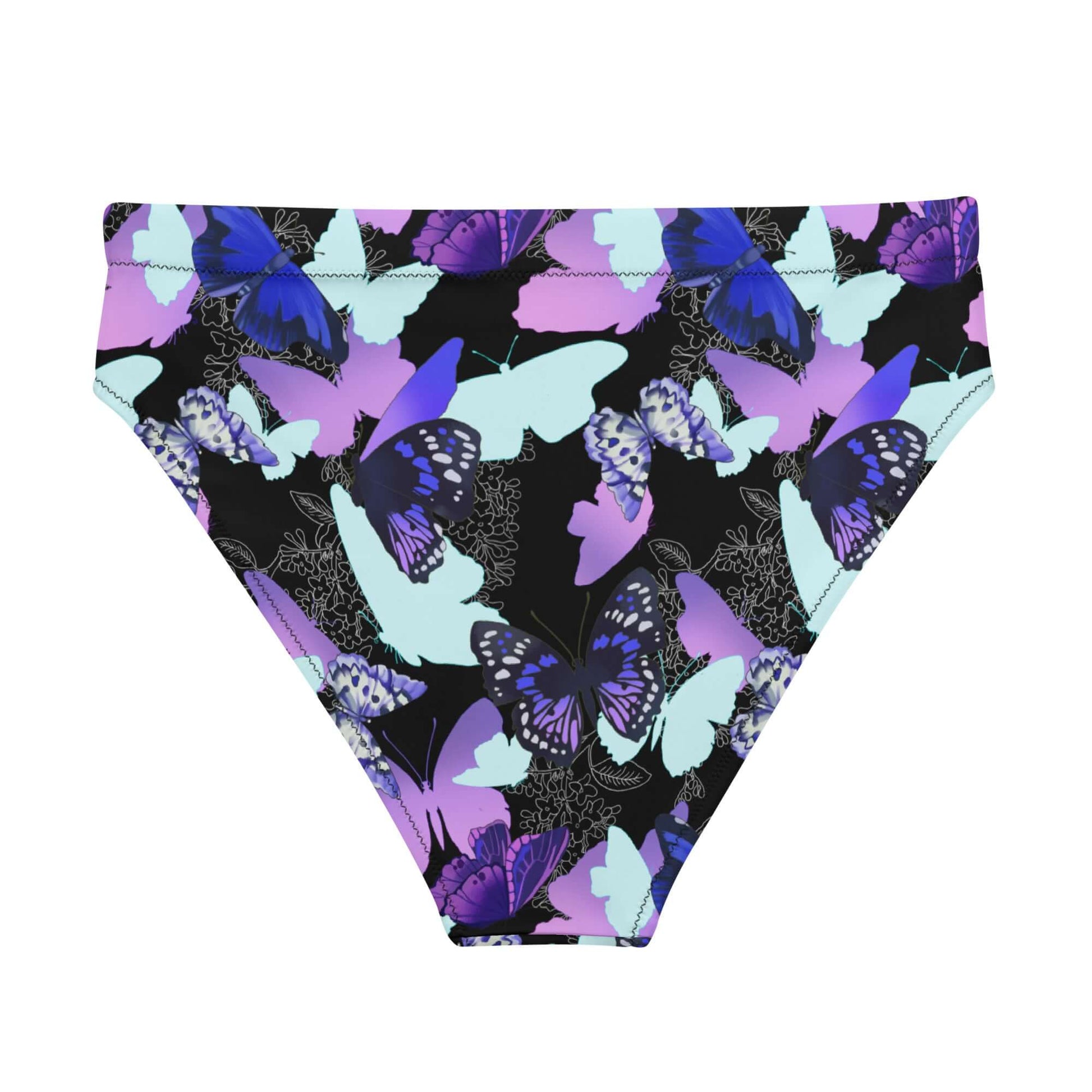 Shop the High-waisted Butterfly Bikini Bottom, featuring vibrant butterfly prints, perfect for beach days and spa visits.