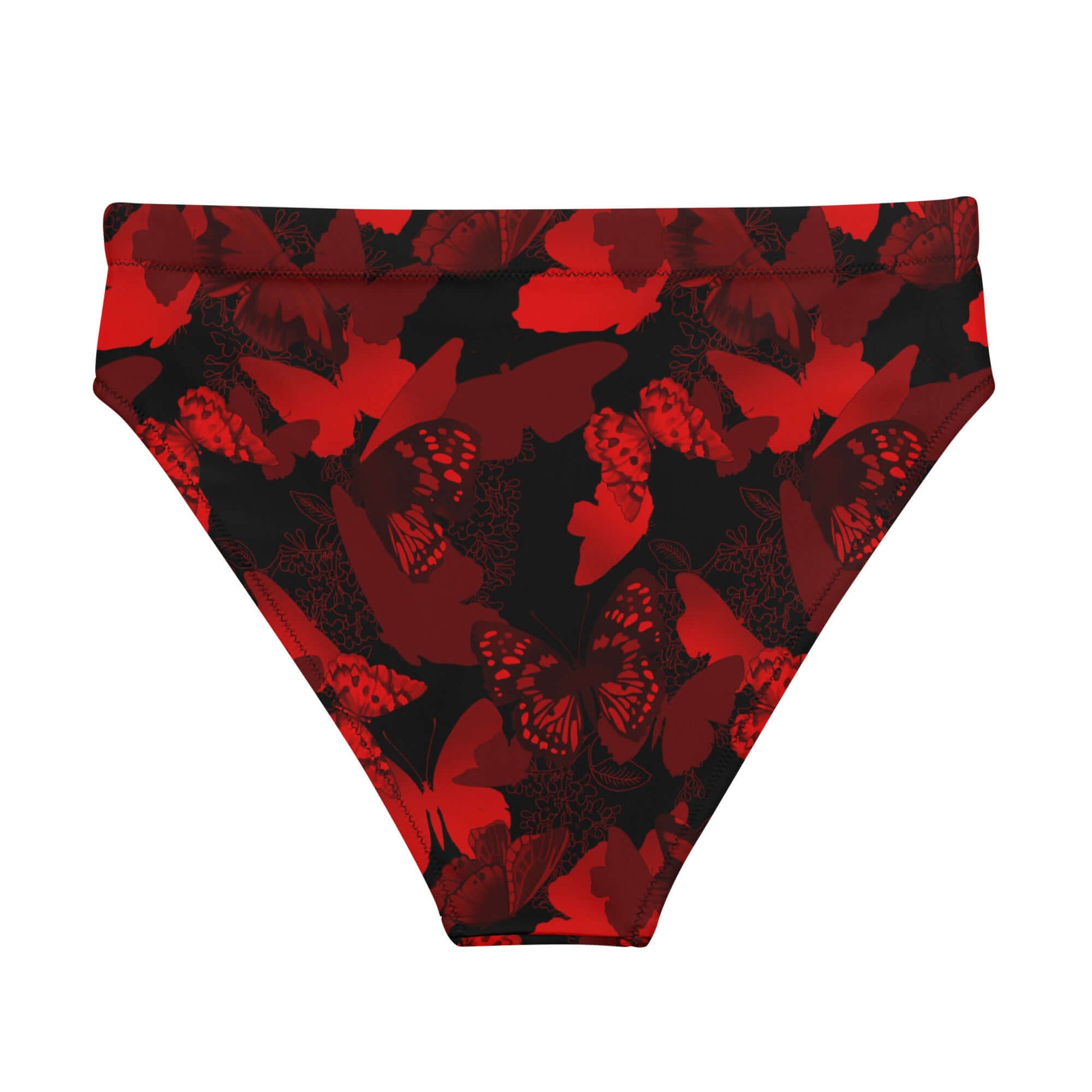 High-waisted Butterfly Bikini Bottom in vibrant red and black, perfect for beach days or spa visits.