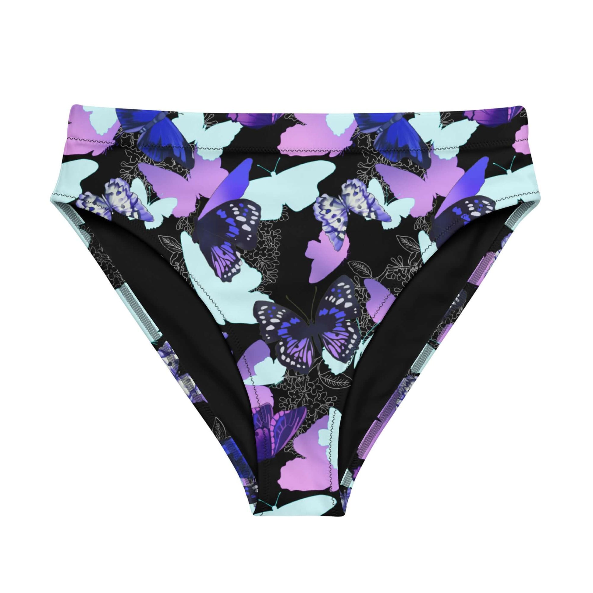 Stylish High-waisted Butterfly Bikini Bottom with vibrant butterfly print, perfect for beach adventures or spa days.
