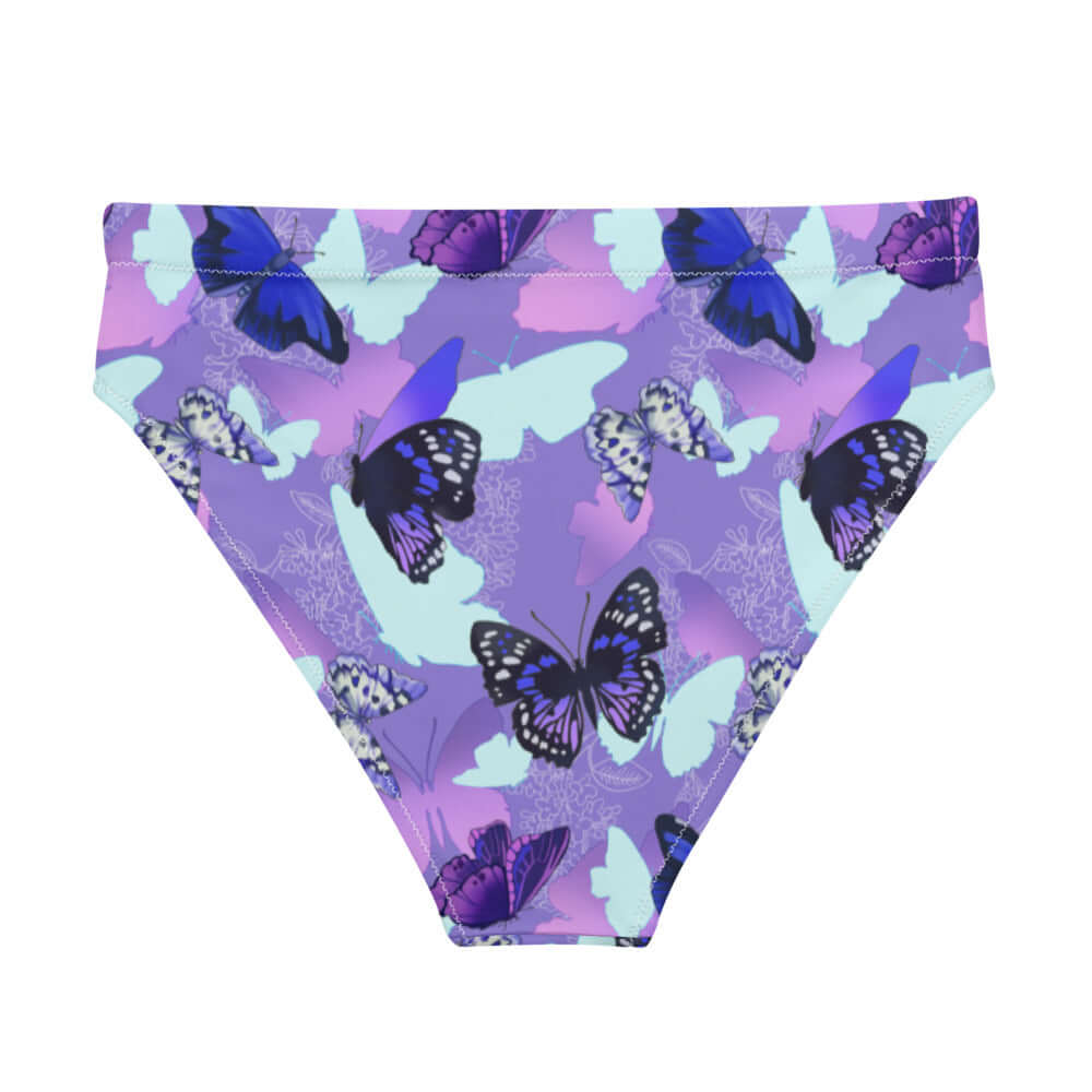 High-waisted Butterfly Bikini Bottom featuring vibrant butterfly designs, perfect for beach days or spa visits.